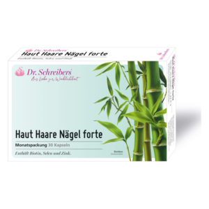 Verpackung von 'Haut Haare Nägel forte' mit Abbildung von Bambus und Inhaltsstoffen wie Biotin und Zink.