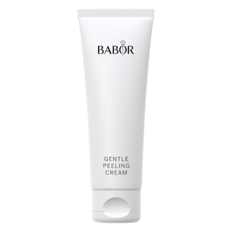 Weiße Tube mit Schraubverschluss, beschriftet mit "GENTLE PEELING CREAM" und dem Logo von BABOR.