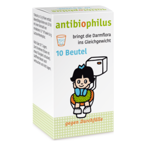 Verpackung für ein Präparat zur Unterstützung der Darmflora, abgebildet mit einem Cartoon-Mädchen auf einer Toilette.