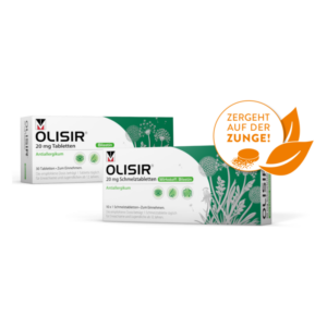 Zwei Packungen OLISIR Antiallergikum, mit 20 mg Schmelztabletten und der Aufschrift "Zergeht auf der Zunge!"
