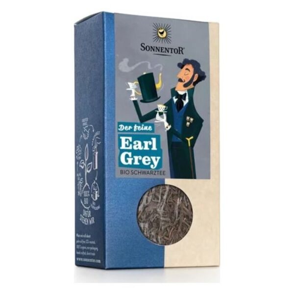 Verpackung von Sonnentor Earl Grey Bio Schwarztee mit illustriertem Mann im Anzug und Sichtfenster für Tee.