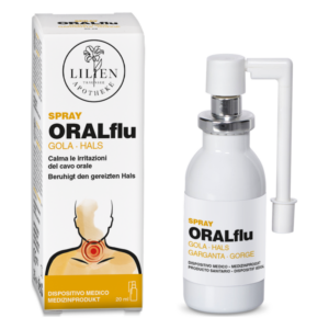 Flasche mit Spray ORALflu zur Beruhigung gereizter Halsschmerzen, verpackt in einem Karton mit Anweisungen.
