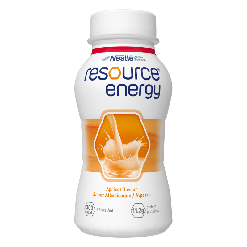 Flasche mit Aprikosen-Geschmack von resource energy, versehen mit einem Spritz-Effekt und Nährwertangaben.