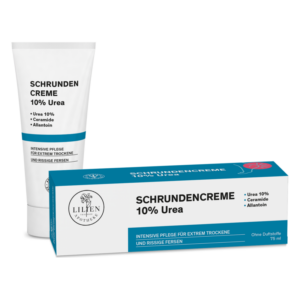 Schrundencreme mit 10% Urea in einer Tube und Verpackung, für extrem trockene Haut und rissige Fersen.