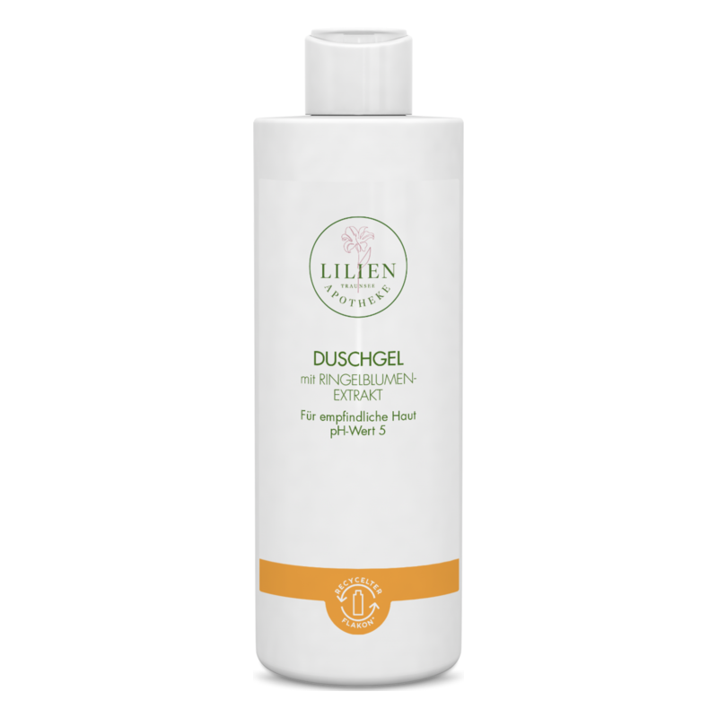 Weiße Flasche mit Duschgel und Ringelblumen-Extrakt, geeignet für empfindliche Haut, pH-Wert 5.