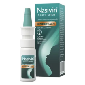 Nasivin Nasenspray für Kinder, 0,025%, in einer weißen Flasche mit grünem Sprühkopf und passender Verpackung.