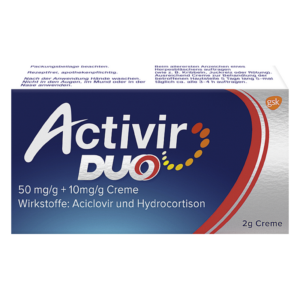 Packung mit Activir DUO Creme, enthält Aciclovir und Hydrocortison, für die Behandlung von Herpes.