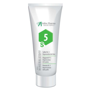 Tube mit Salbe Nr. 5 für die Hautregeneration, weiß mit grüner Schrift und hexagonalem Logo.