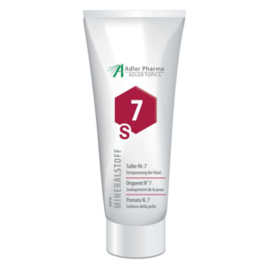 Tube mit Salbe Nr. 7 für Hautentspannung, beschriftet in mehreren Sprachen.