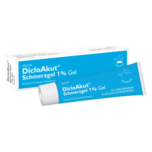 Tube mit DicloAkut Schmerzgel 1% und Verpackung, zur lokalen Behandlung von Schmerzen.