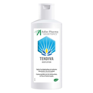 Flasche mit Tendiva Bodylotion, helles Design, blaues Logo mit Lotusblume, für Feuchtigkeitspflege.