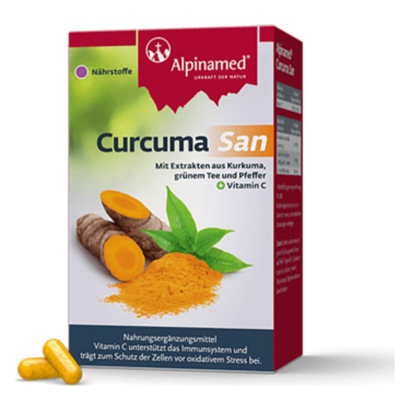 Verpackung von Curcuma San mit Kurkumawurzel, grünem Tee und Pfeffer, sowie zwei Kapseln im Vordergrund.