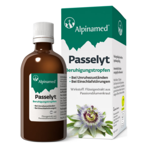 Braunes Fläschchen mit Beruhigungstropfen "Passelyt" und einer Verpackung mit grüner Schrift und Passionsblume.