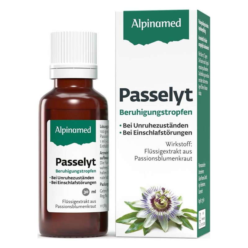 Braune Flasche mit Beruhigungstropfen, daneben eine Verpackung mit Informationen zu Inhaltsstoffen und Anwendung.