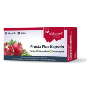 Verpackung von Prosta Plus Kapseln mit Selen, Sägepalme und Granatapfel, Nahrungsmittelergänzung für Männer.