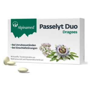 Verpackung von Passelyt Duo Dragees mit Bildern von Baldrian und Passionsblume sowie Hinweisen zur Anwendung.