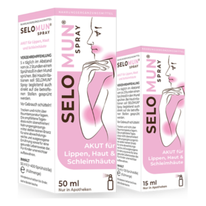 Zwei Verpackungen von SeloMun Spray in unterschiedlichen Größen, bescheinigt Wirksamkeit für Lippen, Haut und Schleimhäute.