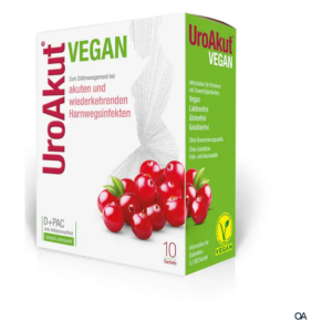 Verpackung von UroAkut VEGAN zur Unterstützung bei Harnwegserkrankungen, mit roten Beeren und wichtigen Inhaltsstoffen.