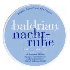 Runde Dose mit blauem Deckel, enthält überzogene Baldrian-Tabletten zur Unterstützung bei Schlafstörungen.