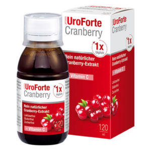 Braunglasflasche mit Cranberry-Extrakt und Verpackung, gekennzeichnet mit "UroForte Cranberry" und Vitamin C.