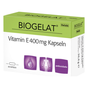 Verpackung von BIOGELAT Vitamin E 400 mg Kapseln in einer grünen Box mit Illustrationen der Kapsel und Nutzungshinweisen.