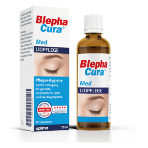 Flasche und Verpackung von BlephaCura Med Lidpflege, die sanfte Reinigung für empfindliche Lider bietet.