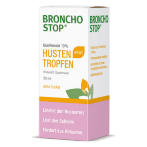 Verpackung von Broncho Stop Husten Tropfen mit Angaben zu Wirkstoff, Volumen und Nutzen auf einem weißen Karton.