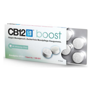 Verpackung von CB12 boost, zuckerfreien Mundpflege-Kaugummis mit Whitening-Effekt in blauer und grüner Schrift.