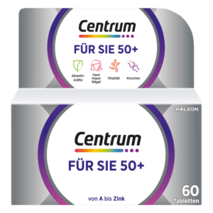 Verpackung von Centrum Für Sie 50+, ein Nahrungsergänzungsmittel mit verschiedenen Gesundheitsnutzen.