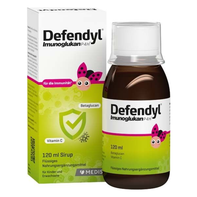 Flasche mit Defendyl Immunoglukansirup, 120 ml, umgeben von einer bunten Verpackung für Kinder und Erwachsene.
