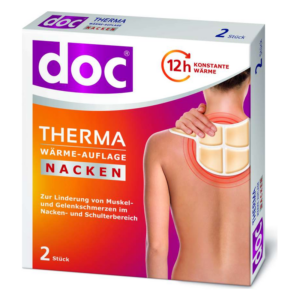 Verpackung einer Wärmeauflage für den Nacken zur Linderung von Beschwerden, mit Abbildung und Anwendungshinweisen.