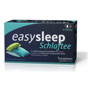 Verpackung von easy sleep Schlaftee mit bunten Kissen und einer Beschreibung zur Verwendung für besseren Schlaf.