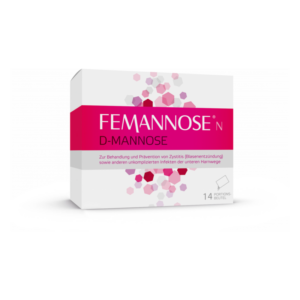 Verpackung von FEMANNOSE D-Mannose zur Behandlung von Zystitis, mit 14 Portionen in einem stabilen Karton.