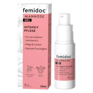 Femidoc Mannose Gel in einer weißen Spenderflasche mit pinkem Etikett, umgeben von einer passenden Verpackung.