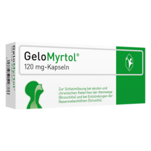 Packung von GeloMyrtol 120 mg-Kapseln, genutzt zur Schleimlösung bei Atemwegserkrankungen und Sinusitis.
