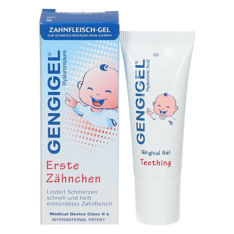 Zahngeschütztes Gel zur Schmerzlinderung beim Zahnen, mit Verpackung und lächelndem Baby-Motiv.