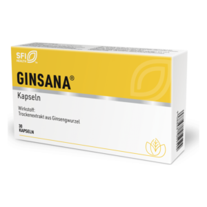 Verpackung von GINSANA Kapseln mit Ginseng-Wurzelextrakt, gelb-weißer Hintergrund und Logo.