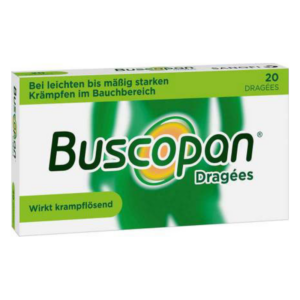 Packung Buscopan Dragees mit der Aufschrift "Wirkt krampflösend" und Dosierungsinformation.