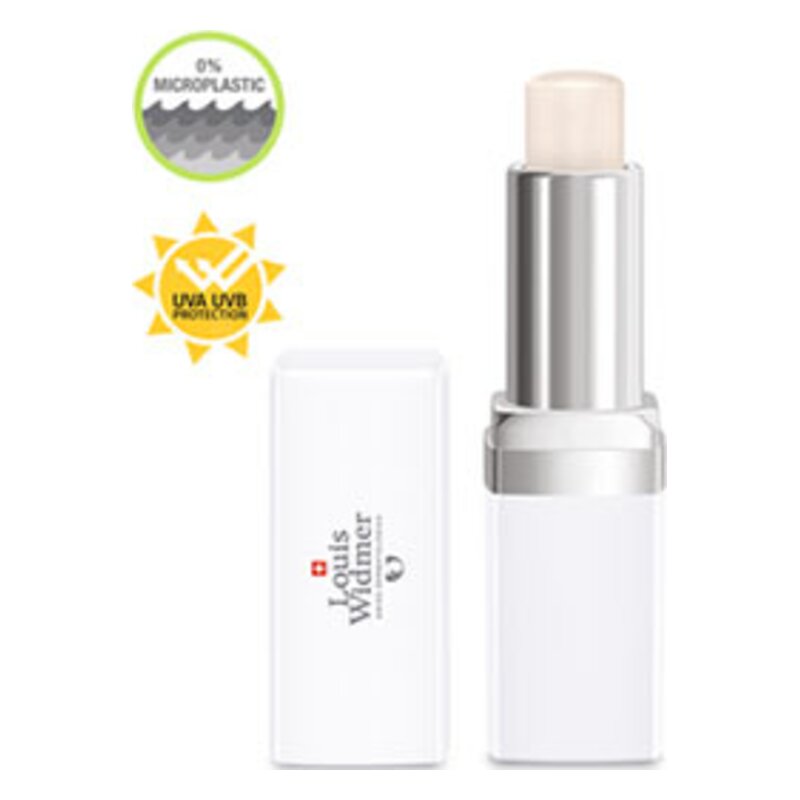 Ein weißer Lippenbalsam mit silberner Kappe, hervorgehoben durch Symbole für UV-Schutz und Mikroplastikfreiheit.