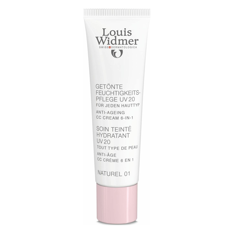 Getönte Feuchtigkeitscreme in einer weißen Tube mit pinkem Deckel, bietet UV-Schutz und Anti-Ageing-Eigenschaften.