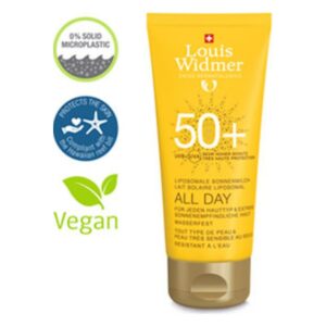 Liposomale Sonnenmilch mit Lichtschutzfaktor 50+, wasserfest, vegan und für alle Hauttypen geeignet.