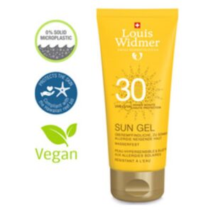 Gel-Sonnenschutz von Louis Widmer in einer gelben Tube mit LSF 30, vegan, wasserfest und ohne Mikroplastik.