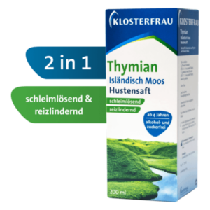 Verpackung von Klosterfrau Thymian Hustenexpectorans in einer 200 ml Flasche, mit den Hauptwirkungen 'schleimlösend' und 'reizlindernd'.