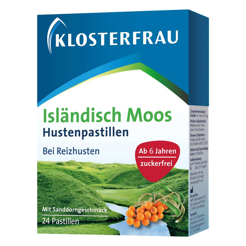 Verpackung von Klosterfrau Isländisch Moos Hustenpastillen mit Sanddorrgeschmack, für Kinder ab 6 Jahren, zuckerfrei.