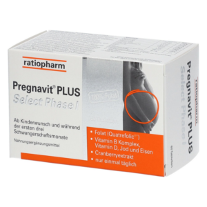 Verpackung von Pregnavit PLUS, einem Nahrungsergänzungsmittel für Frauen bei Kinderwunsch, mit Hinweis auf Folat und Vitamine.