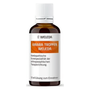 Braune Glasflasche mit weißem Verschluss und orangefarbigem Etikett, enthält homöopathische Tropfen von Weleda.