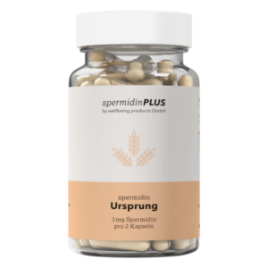 Transparente Flasche mit Nahrungsergänzungsmitteln, enthält Kapseln mit Spermidin, beschriftet mit 'spermidinPLUS' und 'Ursprung'.
