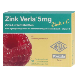 Schachtel mit Zink-Lutschtabletten (5 mg) in Himbeergeschmack, farbenfrohes Design mit Himbeere abgebildet.