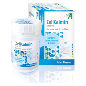 Verpackung von ZellCalmin Tabletten in einer weißen Dose und einer farbigen Box, zur Linderung von Stress und Schlafstörungen.