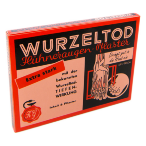 Verpackung von WurzelTod Hühneraugen-Pflaster, rot mit grafischen Illustrationen und Informationen zur Anwendung.